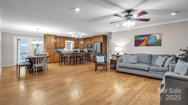 living room with ceiling fan with notable chandelier, a textured ceiling, light wood-type flooring, and ornamental molding