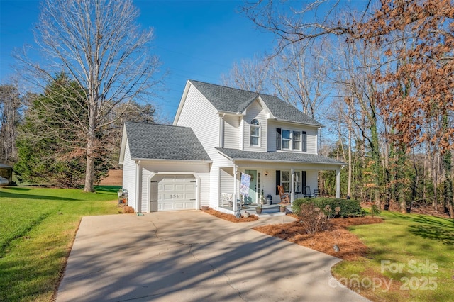 view of front of house featuring a front lawn, a porch, and a garage