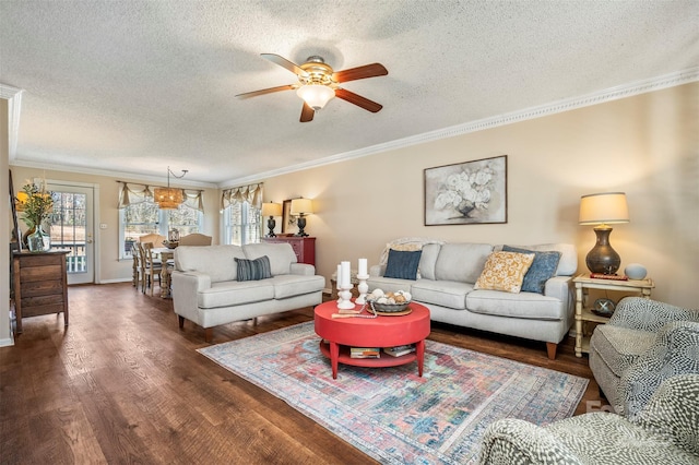 living room with a textured ceiling, dark wood-type flooring, ceiling fan, and crown molding