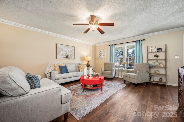 living room with crown molding, dark hardwood / wood-style flooring, ceiling fan, and a textured ceiling