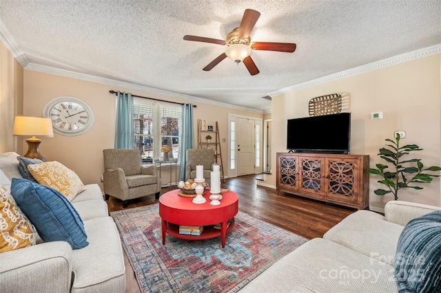 living room featuring a textured ceiling, dark hardwood / wood-style flooring, ceiling fan, and crown molding