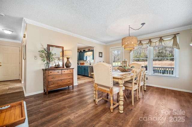 dining room with ornamental molding, a textured ceiling, dark wood-type flooring, and sink