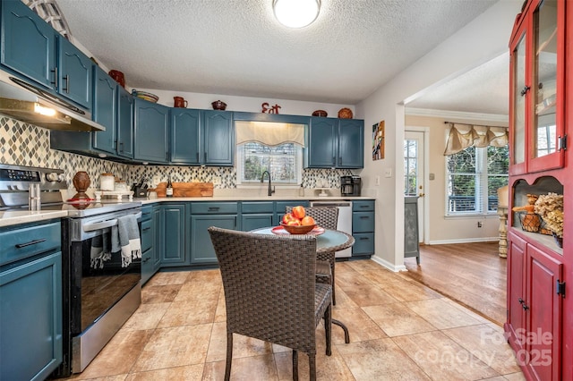 kitchen featuring backsplash, sink, crown molding, blue cabinetry, and stainless steel appliances