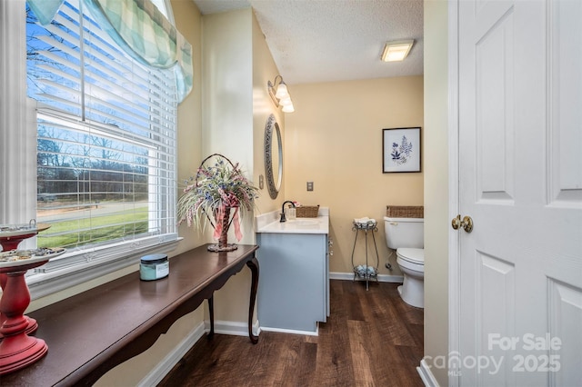 bathroom with vanity, wood-type flooring, a textured ceiling, and toilet