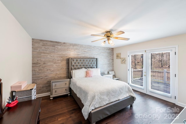 bedroom featuring access to outside, ceiling fan, and dark hardwood / wood-style floors