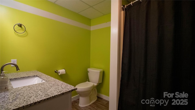 bathroom featuring toilet, vanity, and hardwood / wood-style flooring