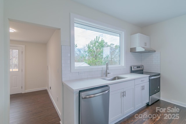 kitchen with decorative backsplash, stainless steel appliances, sink, dark hardwood / wood-style floors, and white cabinetry