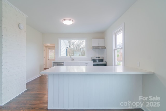 kitchen featuring kitchen peninsula, appliances with stainless steel finishes, tasteful backsplash, sink, and white cabinetry