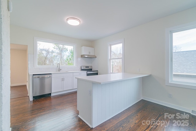 kitchen with sink, tasteful backsplash, white cabinetry, kitchen peninsula, and stainless steel appliances