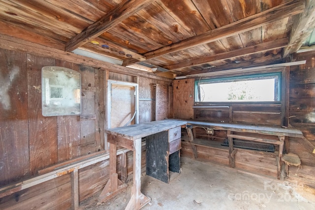 misc room featuring beamed ceiling, wooden walls, and wood ceiling