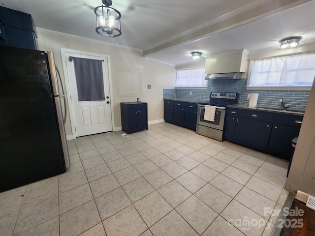 kitchen featuring light tile patterned flooring, sink, crown molding, and appliances with stainless steel finishes