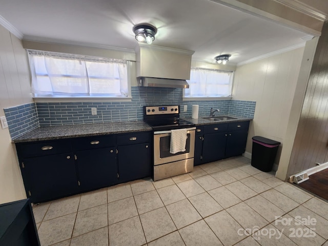 kitchen with stainless steel range with electric cooktop, crown molding, sink, wall chimney exhaust hood, and light tile patterned floors