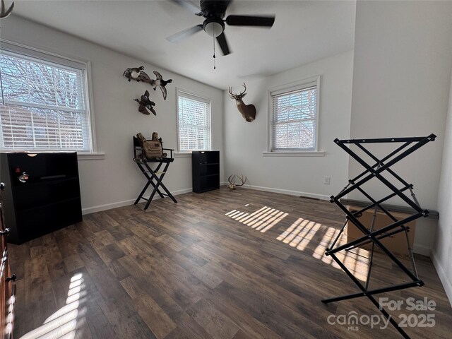 misc room with ceiling fan, a wealth of natural light, and dark hardwood / wood-style flooring