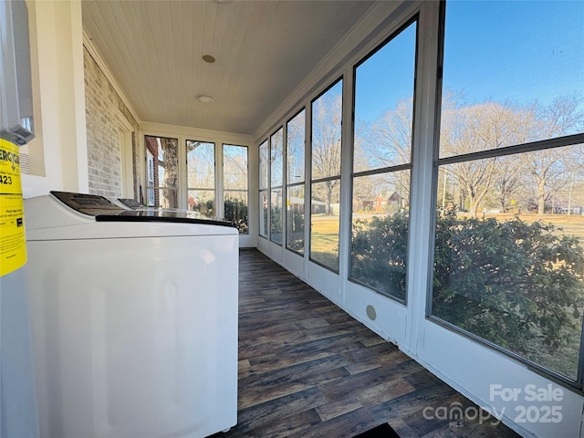 813 S Zion St, Landis, NC 28088 - unfurnished sunroom with washer / dryer, wood finished floors, and wooden ceiling