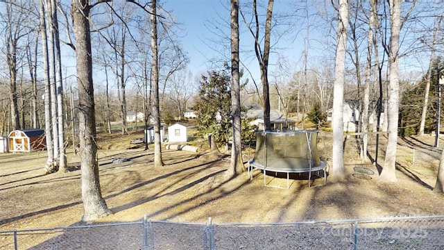 view of yard with a trampoline and a shed