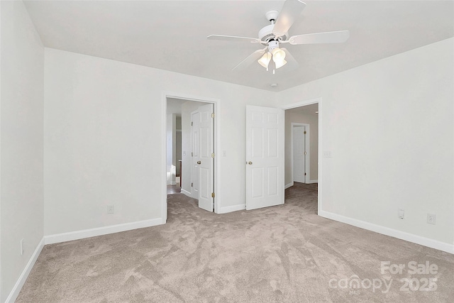 unfurnished bedroom with light carpet and ceiling fan