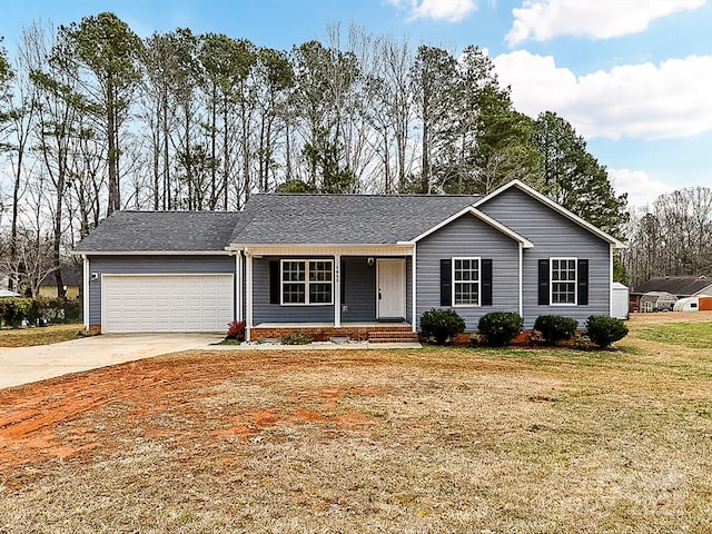 ranch-style home with a garage and a porch