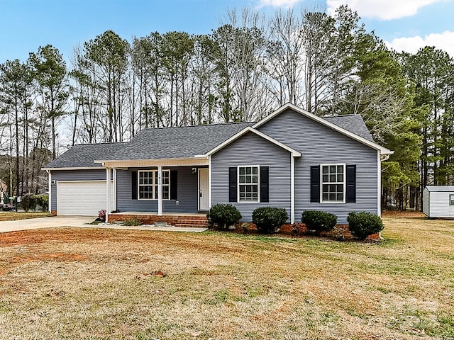 single story home with a garage, a porch, and a front yard