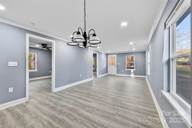 interior space with ceiling fan with notable chandelier, light wood-type flooring, a wealth of natural light, and ornamental molding