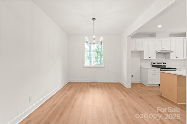 kitchen with light hardwood / wood-style floors, decorative light fixtures, white cabinets, a chandelier, and stainless steel range with electric cooktop