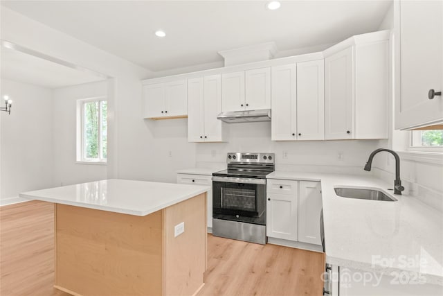 kitchen featuring stainless steel electric range oven, sink, a kitchen island, white cabinets, and light wood-type flooring