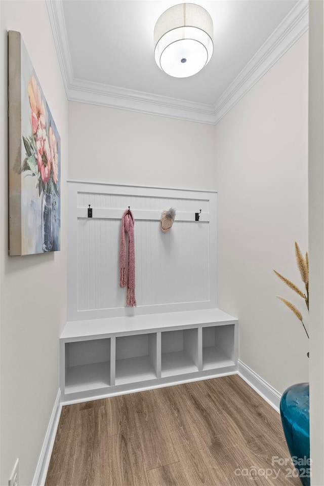 mudroom with hardwood / wood-style floors and ornamental molding