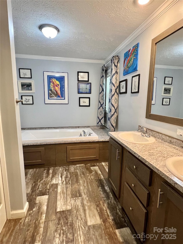 bathroom with vanity, ornamental molding, and a textured ceiling