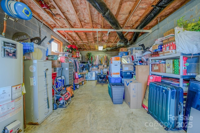 basement with concrete block wall and gas water heater