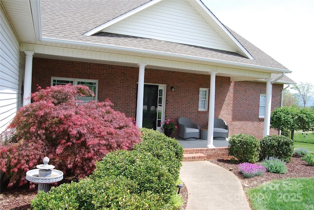 doorway to property with brick siding, a shingled roof, and covered porch