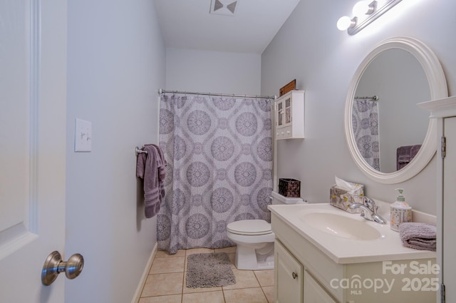 full bath featuring tile patterned floors, visible vents, toilet, vanity, and baseboards