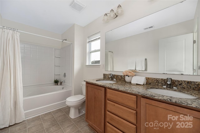 full bathroom with toilet, vanity, and shower / bathtub combination with curtain