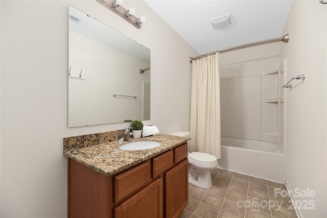 full bathroom featuring vanity, shower / tub combo with curtain, and toilet