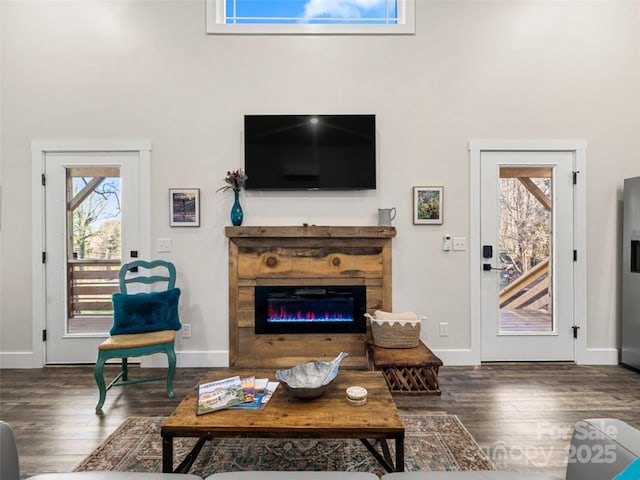 living room featuring dark wood-type flooring