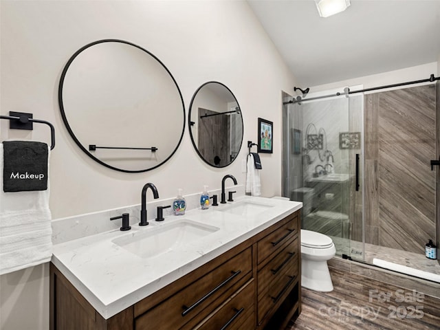 bathroom with toilet, walk in shower, lofted ceiling, and vanity