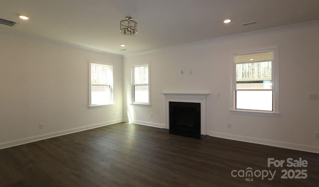 1136 Yellow Springs Dr, Huntersville, NC 28078 - unfurnished living room with crown molding, recessed lighting, visible vents, and dark wood-type flooring