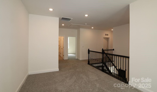1136 Yellow Springs Dr, Huntersville, NC 28078 - hall featuring carpet flooring, an upstairs landing, visible vents, attic access, and recessed lighting