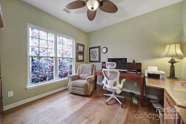 office space featuring ceiling fan and light hardwood / wood-style floors