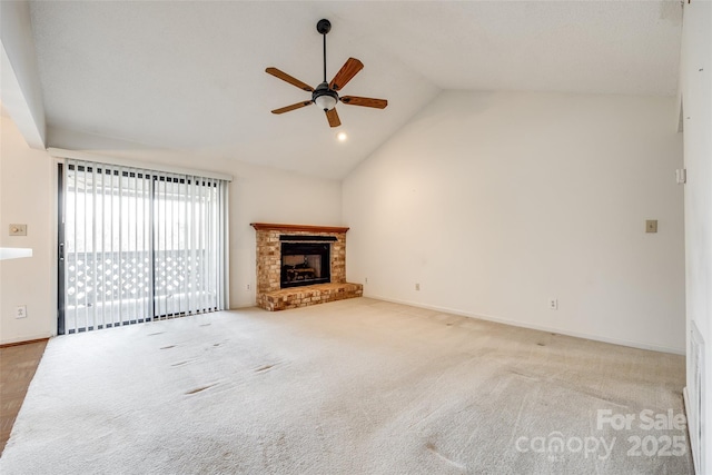 unfurnished living room featuring ceiling fan, light carpet, lofted ceiling, and a brick fireplace