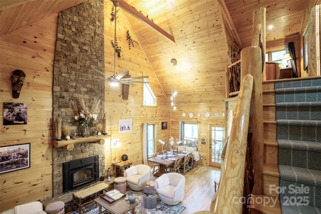 living room featuring hardwood / wood-style floors, wood walls, wood ceiling, and high vaulted ceiling