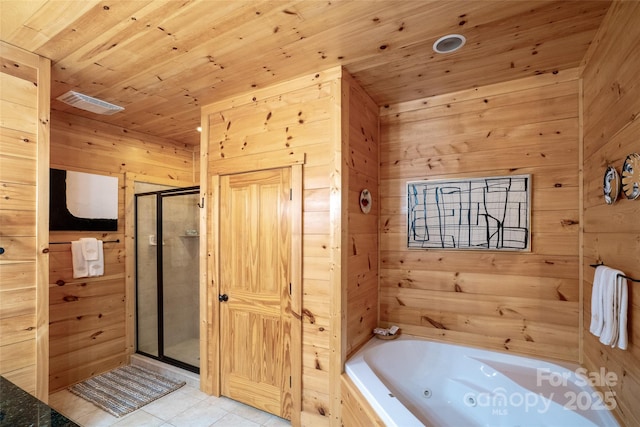 bathroom with plus walk in shower, wooden walls, tile patterned floors, and wooden ceiling