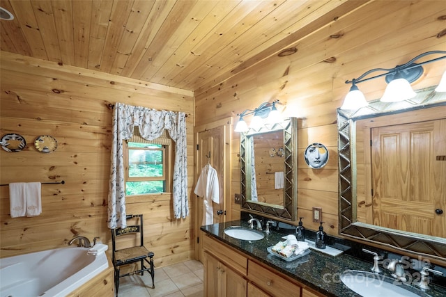 bathroom featuring tile patterned floors, a tub to relax in, wooden walls, vanity, and wood ceiling