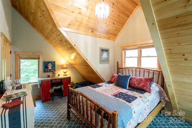 bedroom with wooden ceiling, vaulted ceiling, and a notable chandelier