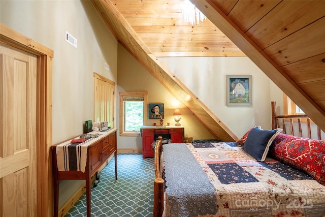 bedroom featuring wooden ceiling and lofted ceiling