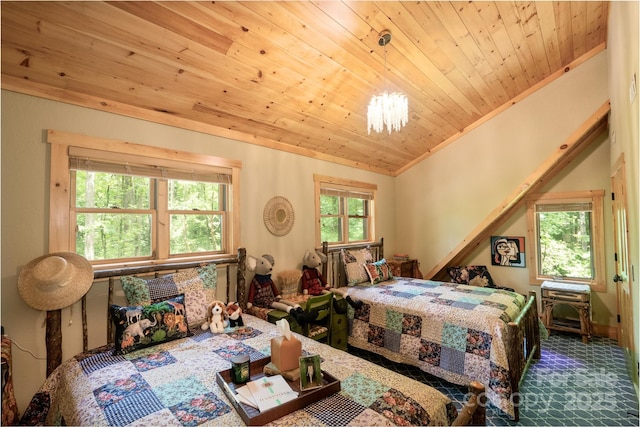 bedroom with multiple windows, a chandelier, wood ceiling, and vaulted ceiling