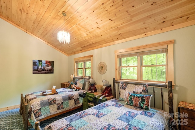 bedroom featuring carpet, lofted ceiling, and wooden ceiling