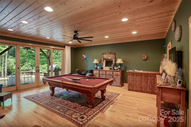 playroom featuring ceiling fan, french doors, light hardwood / wood-style flooring, billiards, and wood ceiling