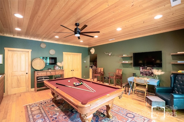 rec room featuring crown molding, billiards, ceiling fan, light hardwood / wood-style floors, and wood ceiling