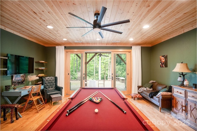 game room featuring ceiling fan, wood ceiling, light wood-type flooring, and pool table