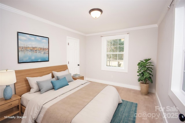 carpeted bedroom with ornamental molding