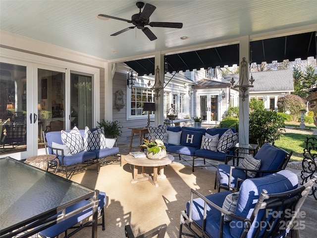 view of patio / terrace with outdoor lounge area, french doors, and ceiling fan